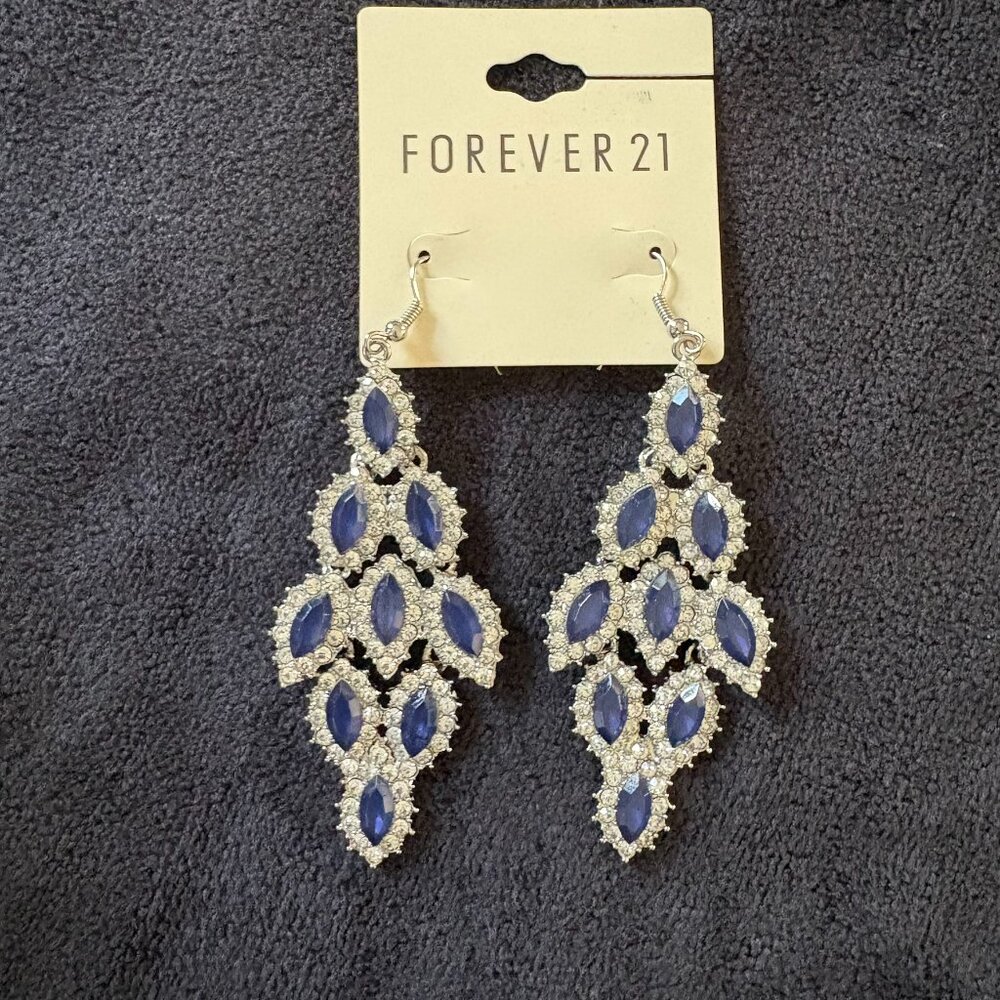 NWT, Forever 21 dangle earrings, navy blue and rhinestone, 3 inches in length